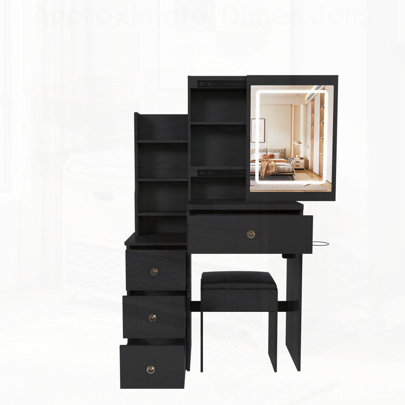Ce meuble-lavabo moderne comprend 3 modes d'éclairage DEL à luminosité réglable, 4 tiroirs et plusieurs tablettes de rangement ouvertes, un porte-séchoir à cheveux et une prise de courant, et une chaise de coiffeuse