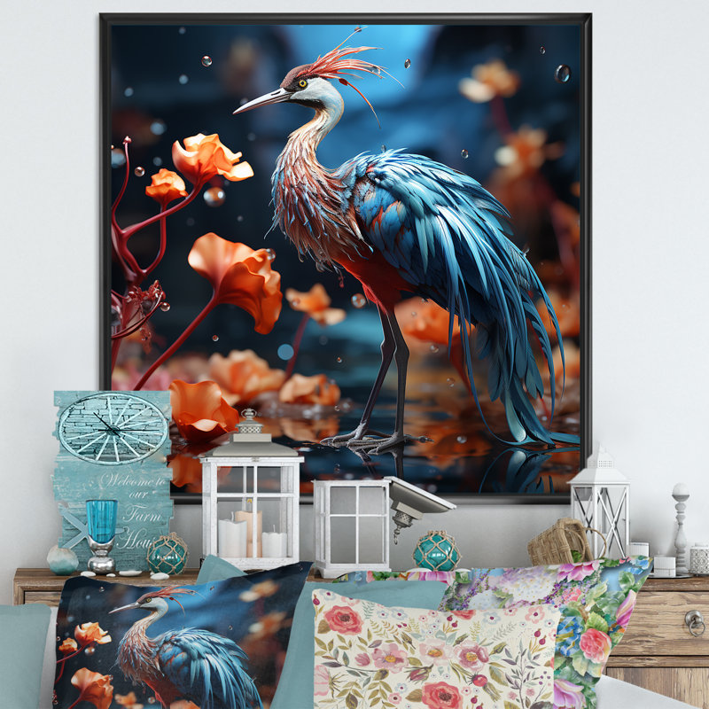 «Watery Blues Heron - Bird Wall Art Living Room», H 16 po x l 16 po x P 1 po, Cadre flottant noir