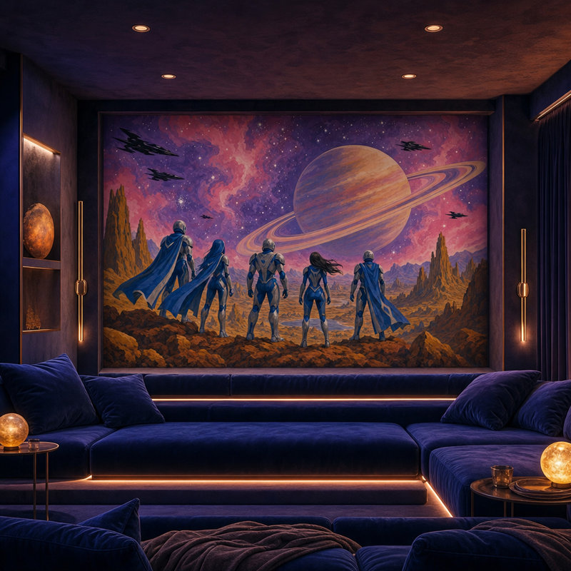 Papier peint Planète à anneaux, paysage extraterrestre de science-fiction, murale, 100"x96", Non-Woven Nonpasted