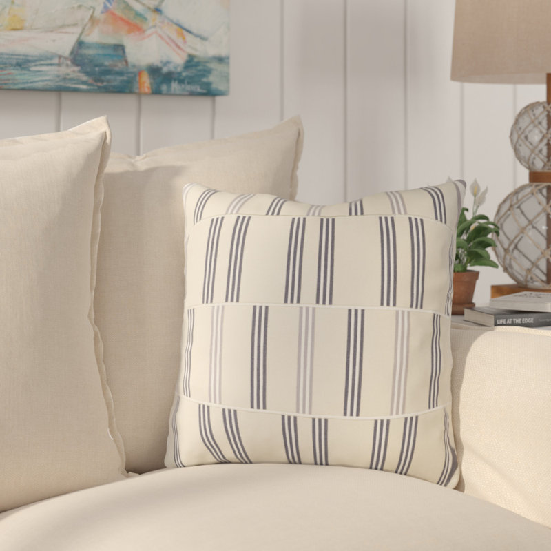 Coussin décoratif rayé carré, Petit, Beige / anthracite / blanc / gris, Mélange de duvet
