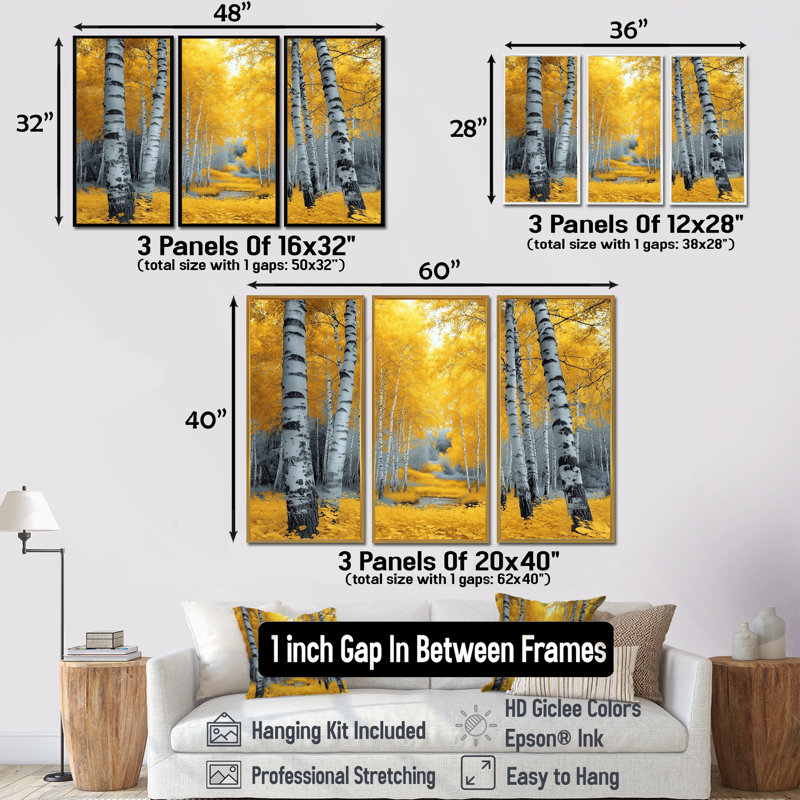 Ensemble de salon art mural forêt jaune Panorama, H 28 po x l 36 po x P 1 po, Toile naturelle avec cadre flottant