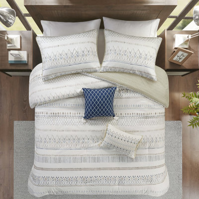 Édredon imprimé en seersucker double / grand - taupe bleu doux à motif géométrique à 2 taies décoratives en microfibre et taies décoratives, en grande capacité