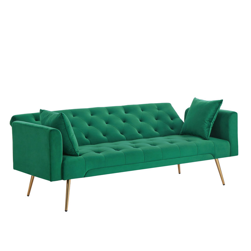 71-inch down-filled couple's soft sofa with 3-position convertible feature and metal-legged sofa bed, Green