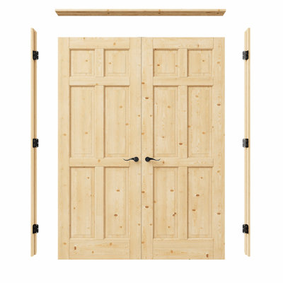 Porte intérieure à 6 panneaux en pin massif naturel de style colonial, double porte-fenêtre, cadre en pin et quincaillerie noire mate - Poignée de porte avec serrure, loquet et charnières, non finie et à peindre, idéale pour garde-manger, chambre, salle de bain ou placard, 152 x 203 cm