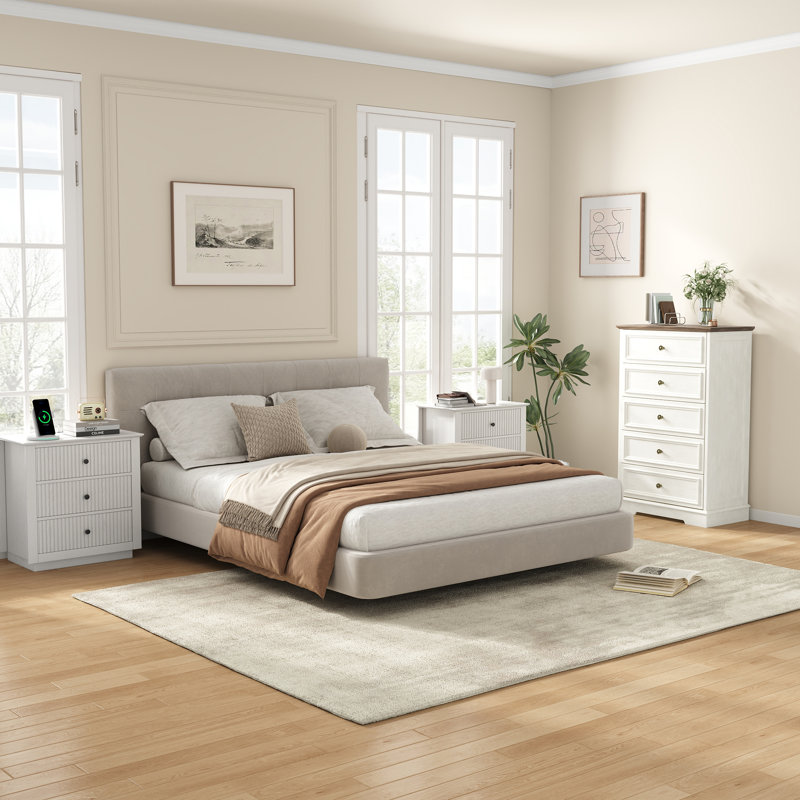 Ensemble de rangement vintage 3 pièces pour chambre à coucher comprenant une commode haute à 5 tiroirs et 2 tables de chevet