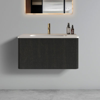 U057-Etna30w-308 Ensemble de meuble-lavabo flottant rayé noir brossé 30 po avec lavabo en céramique Etna