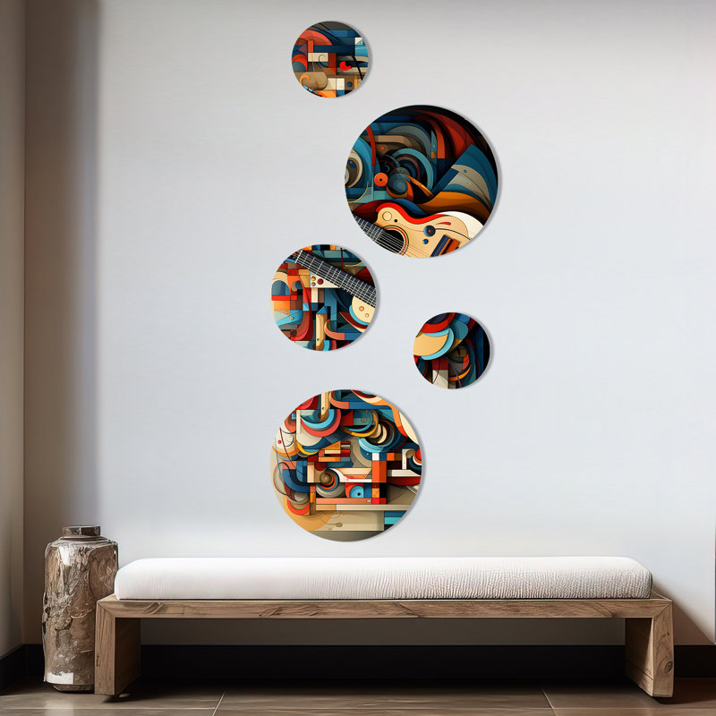 Cubique, mélodie de guitare bleue et blanche - ensemble d'art mural rond musical de 5