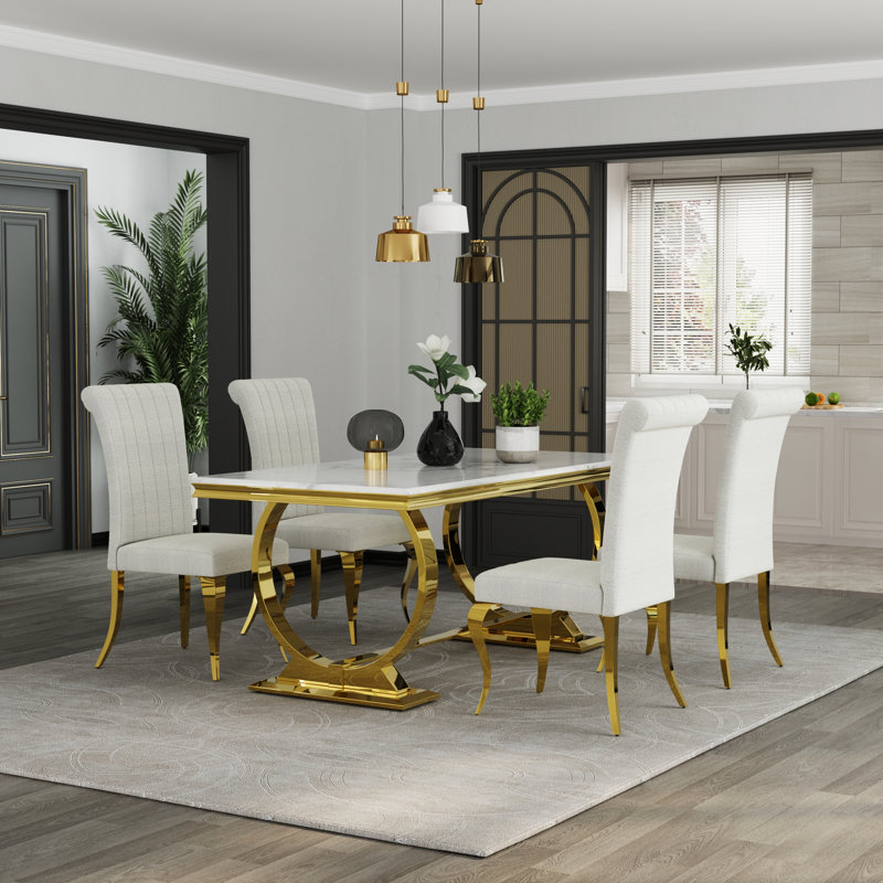 Dining Table Set With 4 Boucle Dining Chairs, Gold