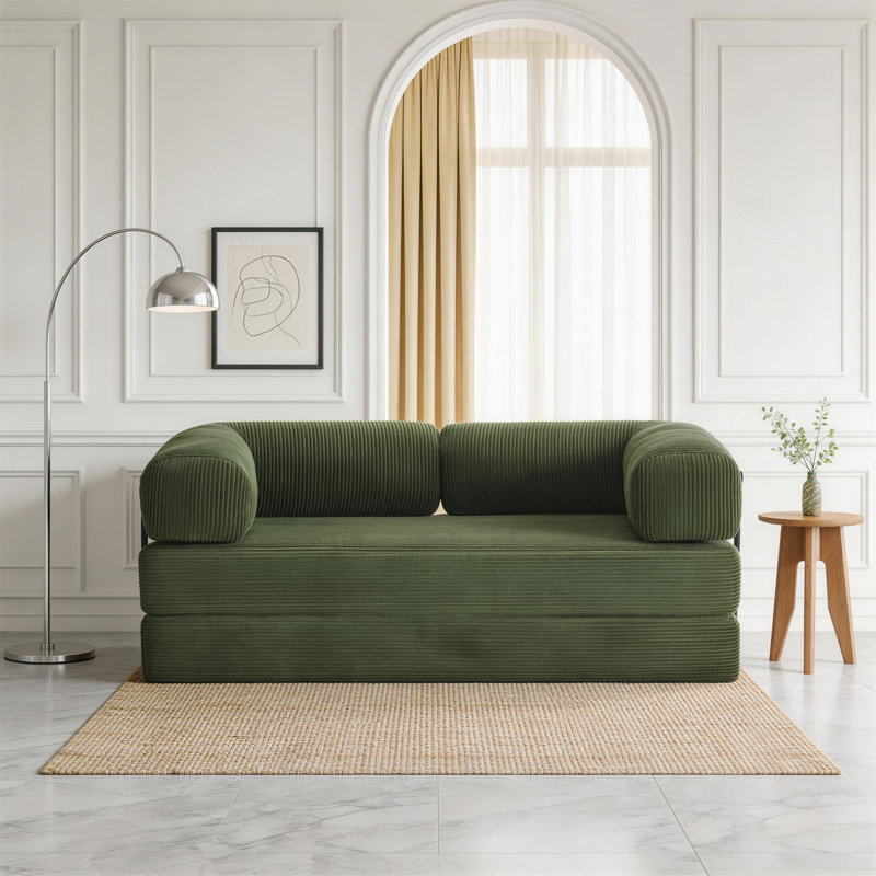Upholstered Compression Green Corduroy Convertible Sleeper Sofa Bed - Foldable Floor Couch With No Assembly, Green