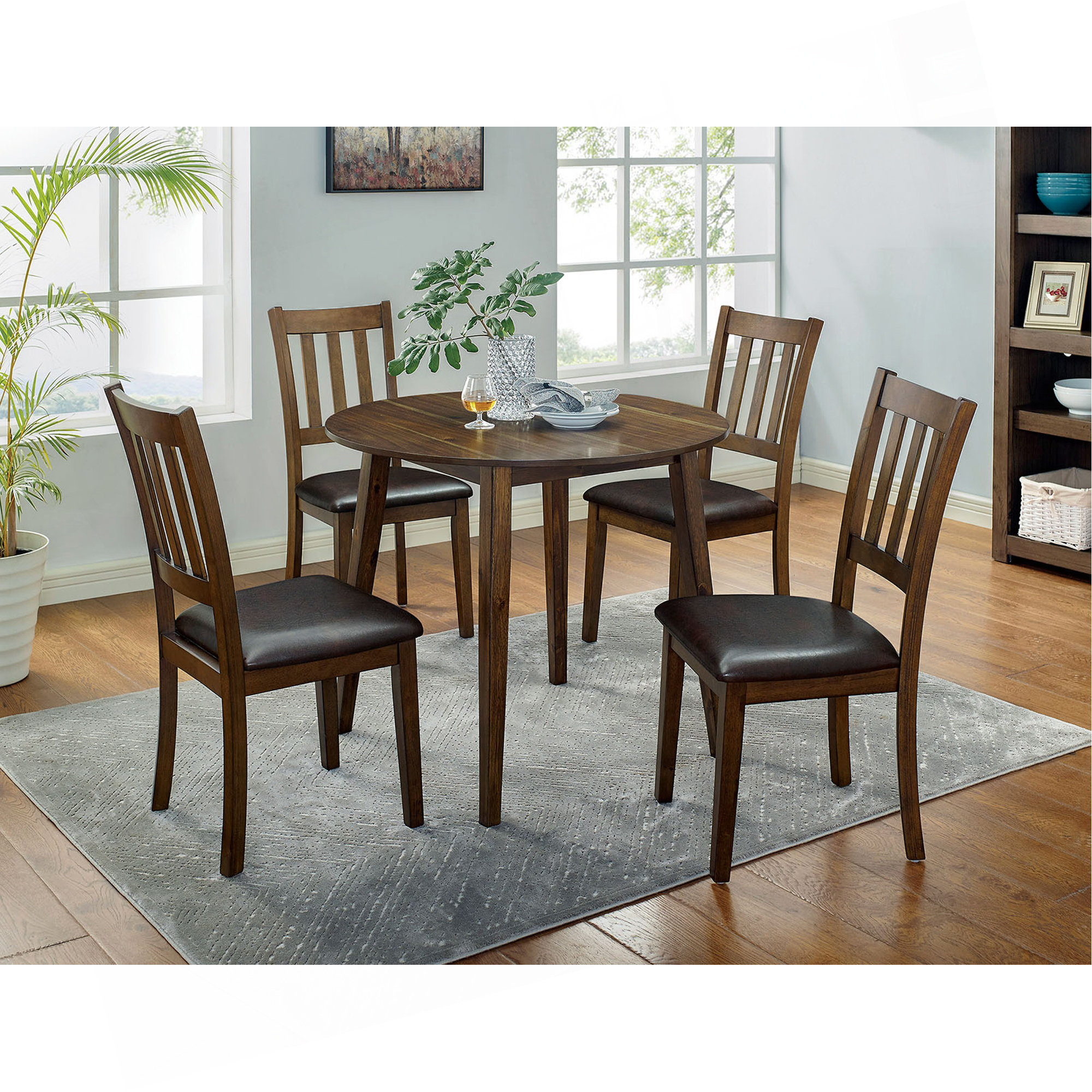 Modern Contemporary Dining 5pc Set Table and 4x Side Chairs Walnut Finish Curved Ergonomic Design Wooden Furniture