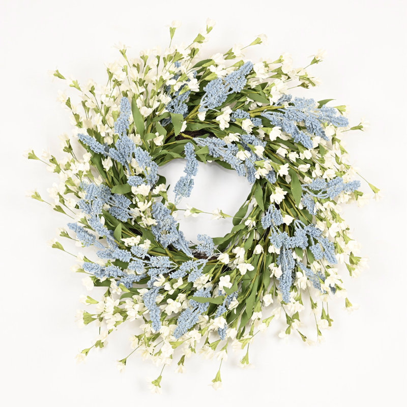 Couronne de porte artificielle 24 po printemps été fleur de grappe, Bleu