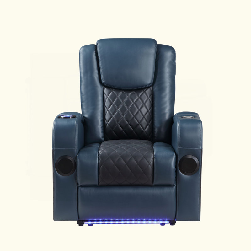 Westerville Leather Aire Power Recliner With Bluetooth Speaker, Cup Holder, Blue/Black