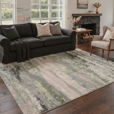 Tapis gris / rose / vert à motif abstrait lavable à la machine avec envers antidérapant Lucchesi