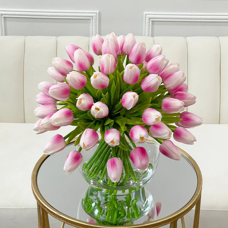 Real Touch Tulips Centerpiece In Vase, Pink Ombre White