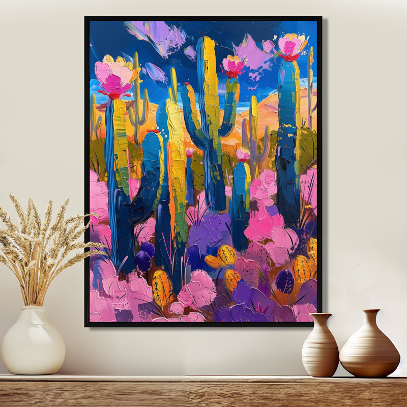 Cactus mauve et bleu, coucher de soleil Vibes III - Cactus floral, Métal métal, H 32 po x l 16 po x P 1 po