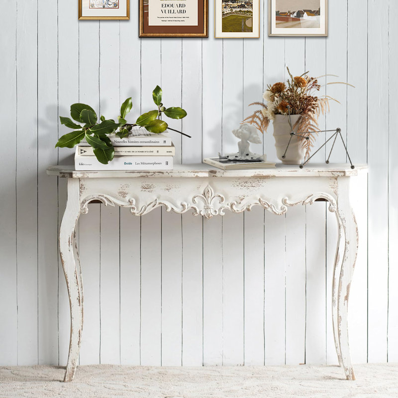Console vieillie, table de vestibule décorative de 46 po, table d'entrée vintage avec sculptures en bois et pieds courbés, canapé blanc délavé patiné 