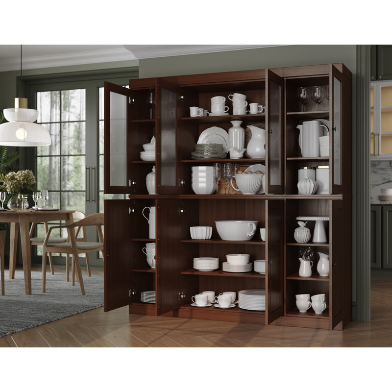 Vaisselier 100% bois massif 65 "avec verre givré, portes solides et tablettes réglables, Moka