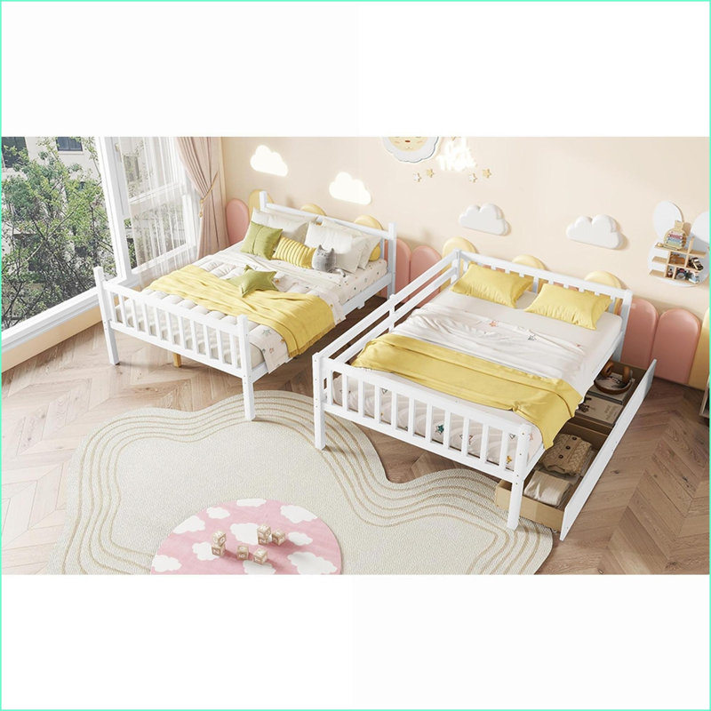 Full Over Full Rubber Wood Bunk Bed – Convertible to 2 Beds, 2 Storage Drawers, No Box Spring Needed, White, Full, White