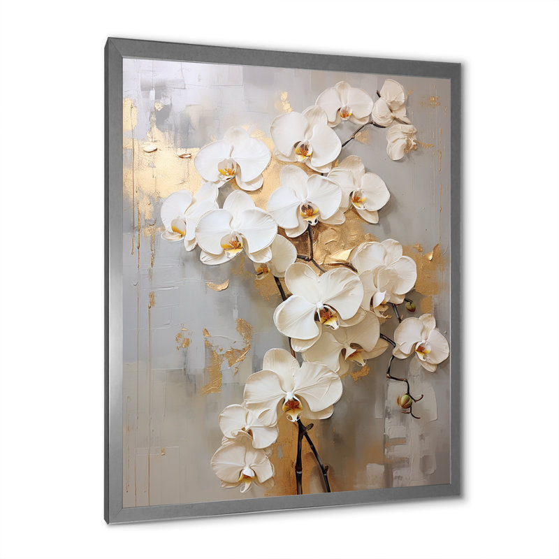 Minimalisme beige et orchidées dorées IV - impression sur toile encadrée orchidée, H 40 po x l 30 po x P 1,5 po
