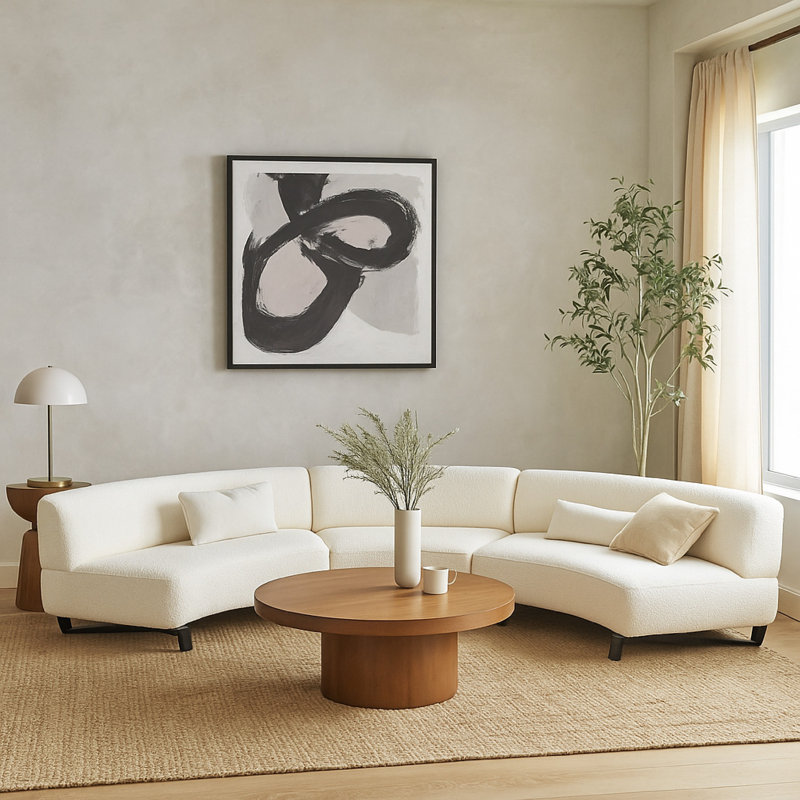 Canapé modulaire courbé 3 pièces Ikka, simili peau de mouton blanche, base en bois noir