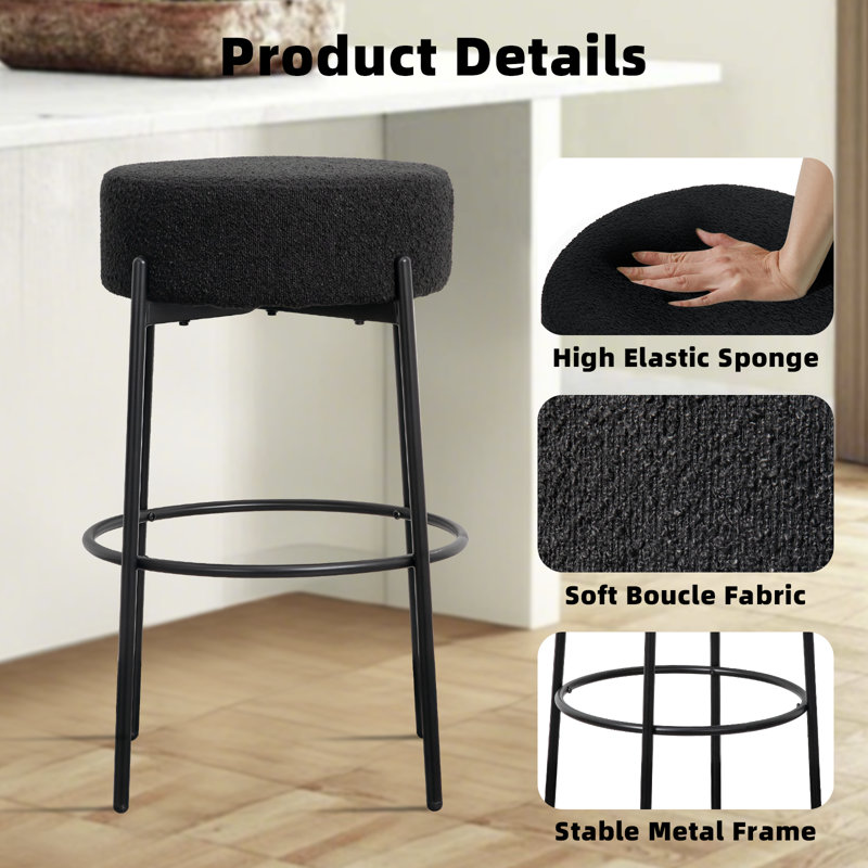 Modern Bar Stools Set of 2 with Round Soft Padded Boucle Backless Seat and Metal Base,, Black