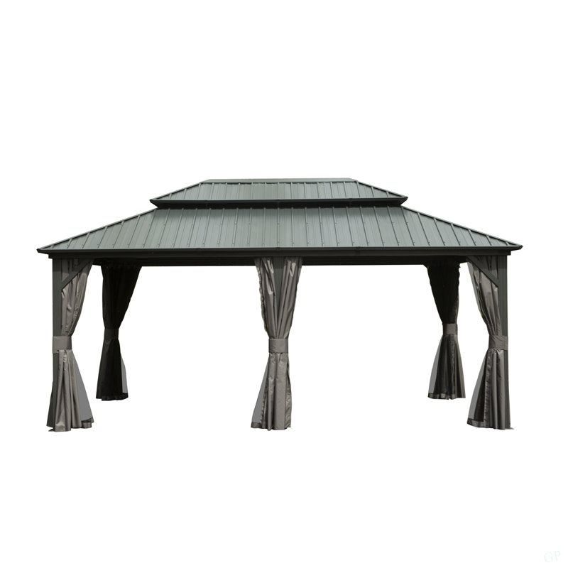 12' X 18' Hardtop Gazebo, Aluminum Metal Gazebo With Galvanized Steel Double Roof Canopy, Curtain And Netting, Permanent Gazebo Pavilion For Patio, Backyard, Deck, Lawn