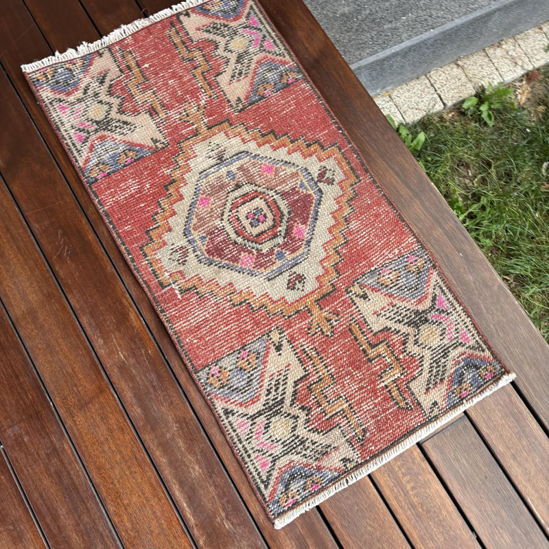 Vintage Red Turkish Oushak Rug with Fringe Suited for Elegant Entryways and Door Mat Use in a Cozy Small Size