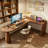 Simple Solid Wood Brown Pine L-Shaped Desk-937870333