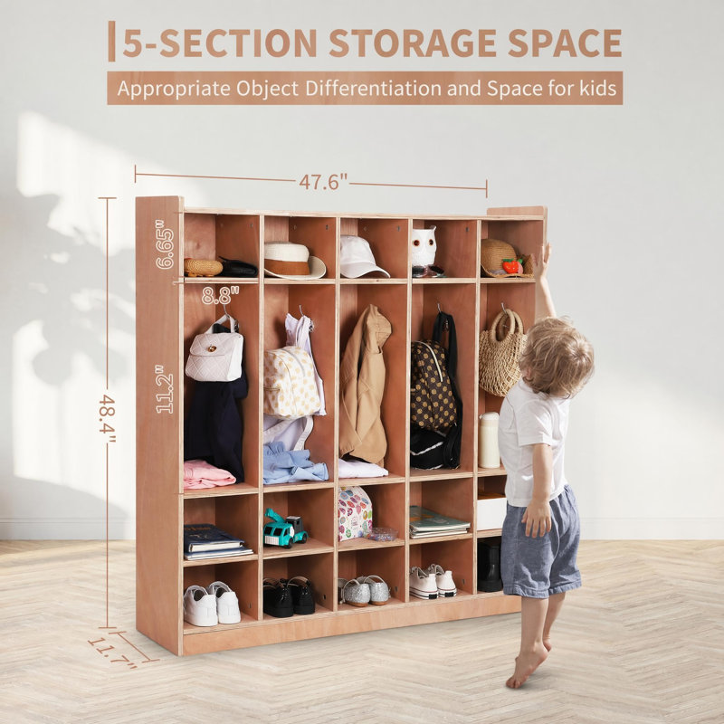 5-Section Classroom Coat Locker, 8-Inch-High Coat Rack,Heavy-Duty Plywood Furniture Suitable For Nurseries And Children’S Hallways, 15-Compartment Storage Unit, Fitted With 4 Castors, 5 Hooks And 2 St
