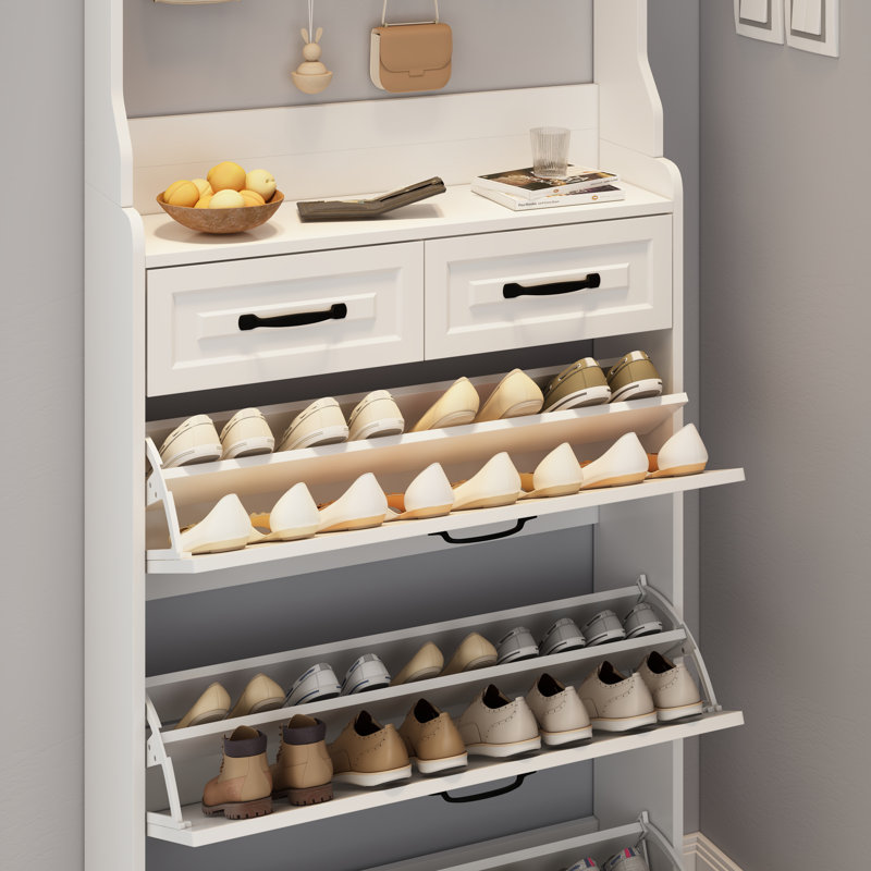 Range-chaussures blanc avec 3 portes, 2 tiroirs et un support pour un grand espace de rangement