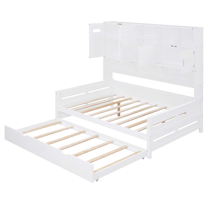 Wooden Daybed With Twin Size Trundle,And All-In-One Cabinet And Shelf, White, Full
