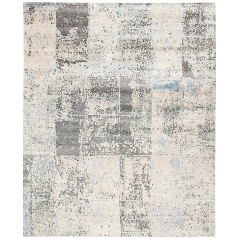 Tapis abstrait en viscose / coton / lin / laine noué à la main Tiffany argent / ivoire, Rectangle 8 pi x 10 pi