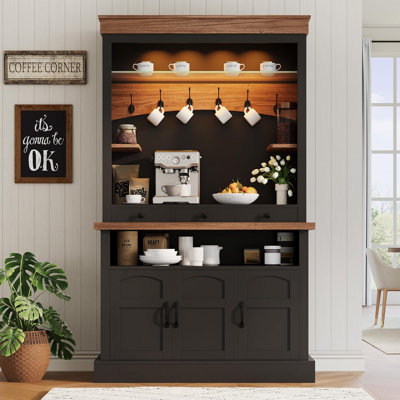 Coffee Bar Cabinet, 72 in Coffee Bar Hutch, Farmhouse Sideboard Buffet Cabinet with Adjustable Storage Shelf, LED Light/6 Hooks/3 Drawers