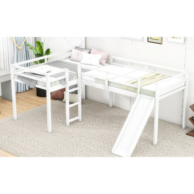L-Shaped Twin Loft Bed With Slide And , White - Fun Bedroom Addition Bed, & Slide, Option