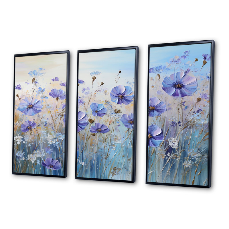 Cornflowers Serenity Flowers Field I - Ensemble de décoration murale champ de fleurs, Cadre flottant noir