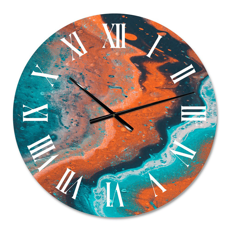 Composition abstraite de marbre en bleu et orange I - horloge murale moderne, Surdimensionné