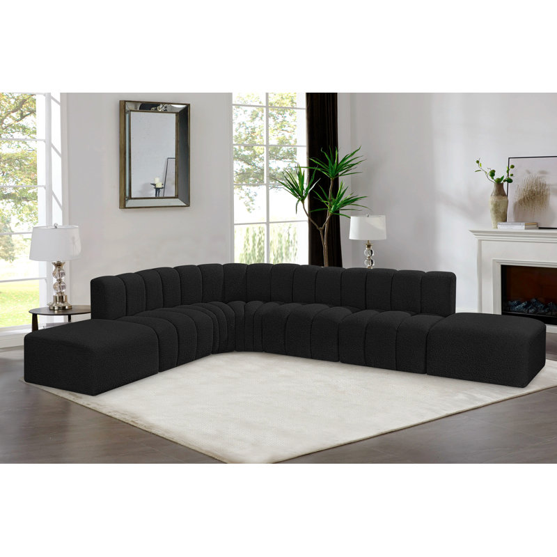Hrefna Upholstered Curved Sectional with Ottoman Reversible, Black Boucle Fabric