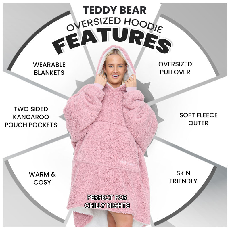 Oversized Teddy Fleece Hoodie Blanket for Adults with Hood and Kangaroo Pocket, Ultra Soft Wearable Hooded Blanket, One Size
