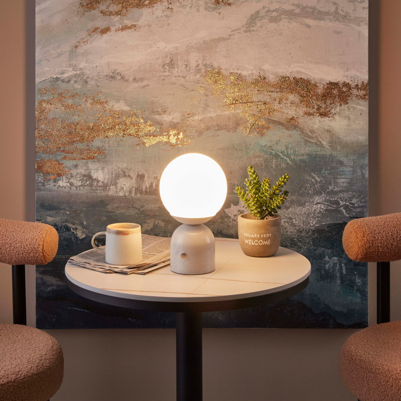 Mila 9.85 in. Mid-Century Modern LED Bedside Table Lamp with Black Marble and Frosted Globe Shade, White