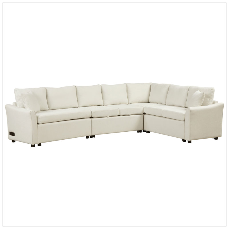 Sofa Bed Pull Out Sofa Sleeper with Two Back Pillows, Two USB Ports and Two Power Sockets, Beige Chenille