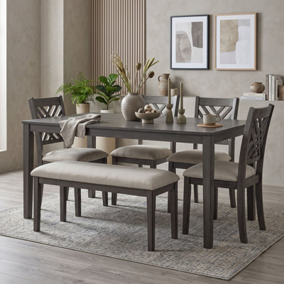 Rustic 6-Piece Dining Table Set with Rectangular Table, 4 Upholstered Cross-Back Chairs and Bench