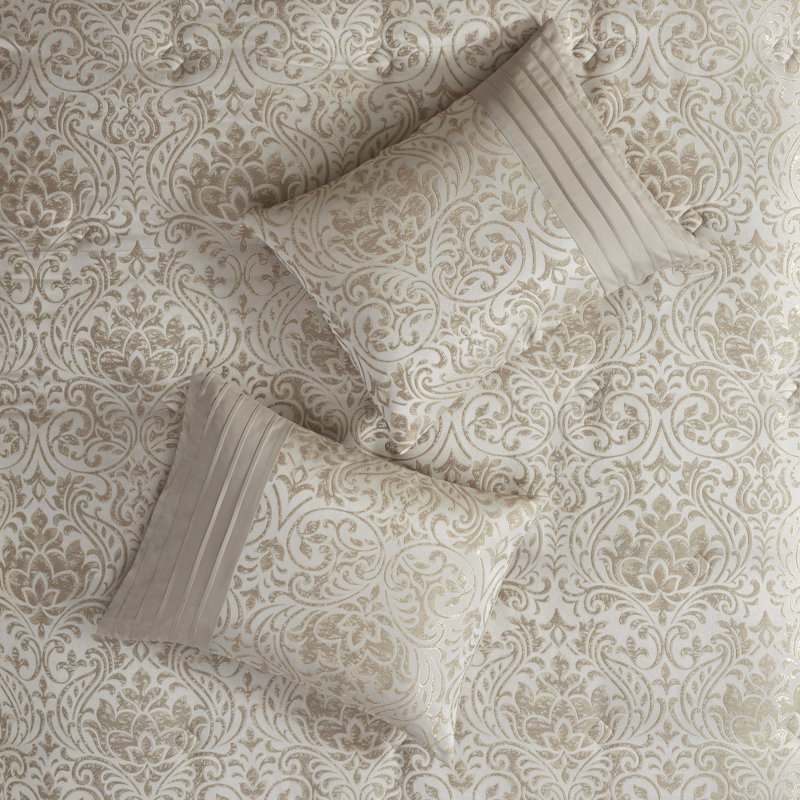 12 Piece Comforter In Khaki For Queen, With Design, Metallic Gold Thread, And Pillowcases Gold, Soft Microfiber Sheet