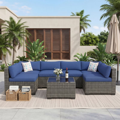 7-Piece Patio Sectional Sofa Set–All-Weather Black PE Wicker, Thick Blue Cushions–Outdoor Conversation Set with Storage Table & Ottoman–for Garden, Backyard, Pool–Grey Gradient Wicker+Blue Cushions