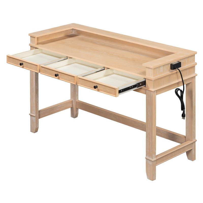Ensemble de table de salle à manger 4 pièces avec 3 tabourets, Bois naturel délavé, Bois naturel délavé