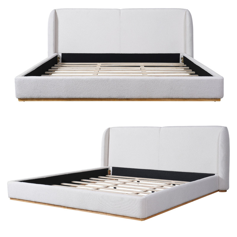Base de lit plateforme avec tête de lit à oreilles rembourrée Boucle, base en bois massif avec lattes de soutien, base de lit moderne et moelleux sans sommier