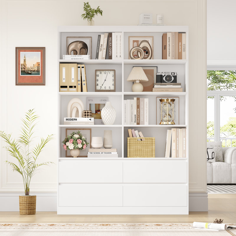 Bibliothèque 70 "H 70,9" x l 47,2 "à 4 niveaux avec 4 tiroirs de rangement, Blanc