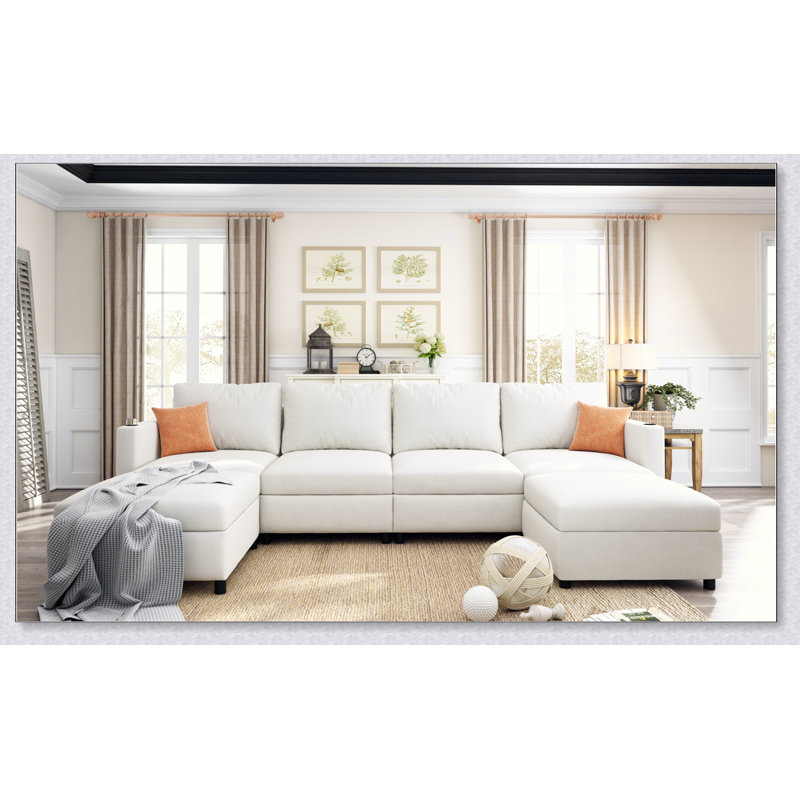 Modern Large Sectional Sofa, U-Shape Modular Sectional Couch With Storage Function, Antique White Fabric