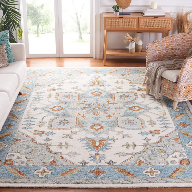 Eduvina Hand Tufted Wool/Cotton/Latex Oriental Rug in Orange/Gray/Blue, Rectangle 8' x 10'