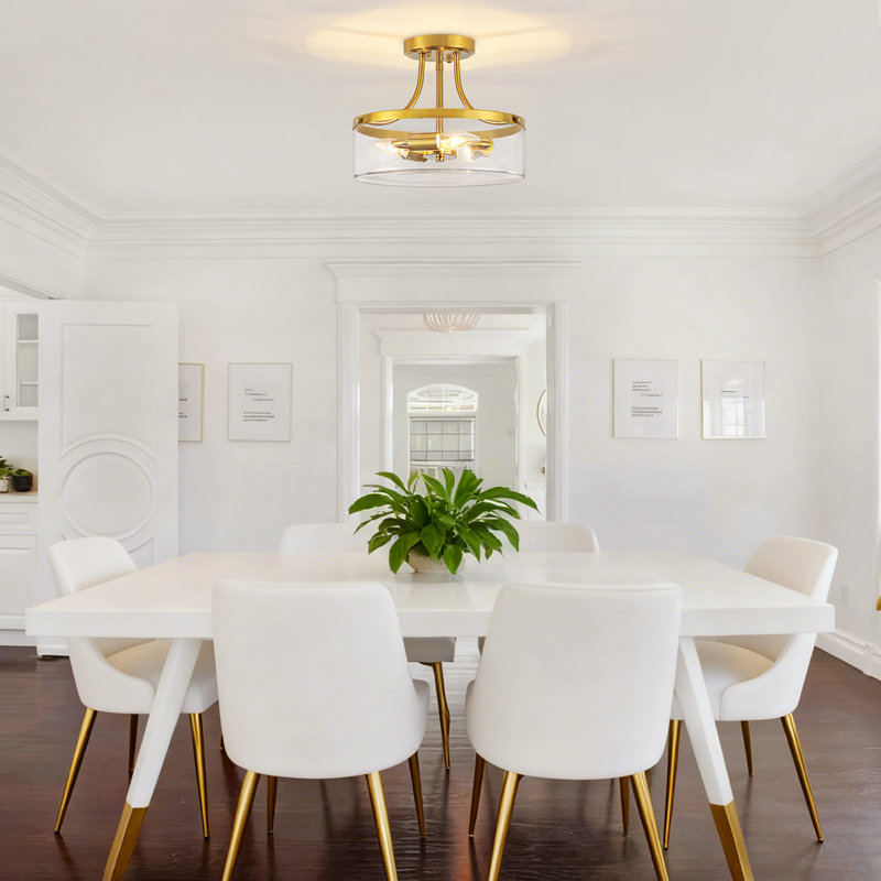 3 - Light Gold Semi Flush Mount Ceiling Light With Glass Shade, Gold
