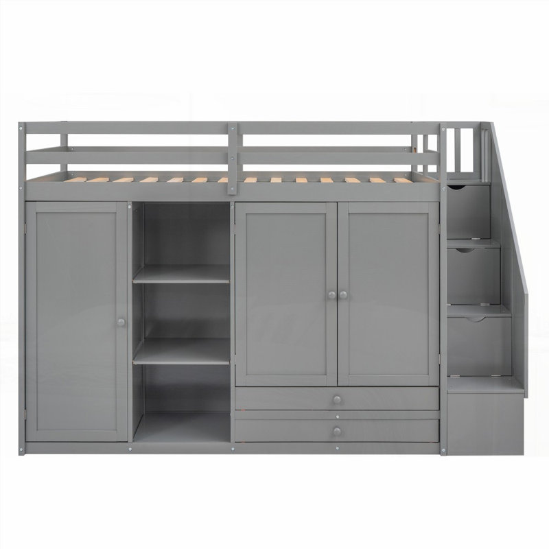 Lit mezzanine simple avec 3 tablettes, 2 armoires et 2 tiroirs, échelle de rangement, aucun sommier nécessaire, gris